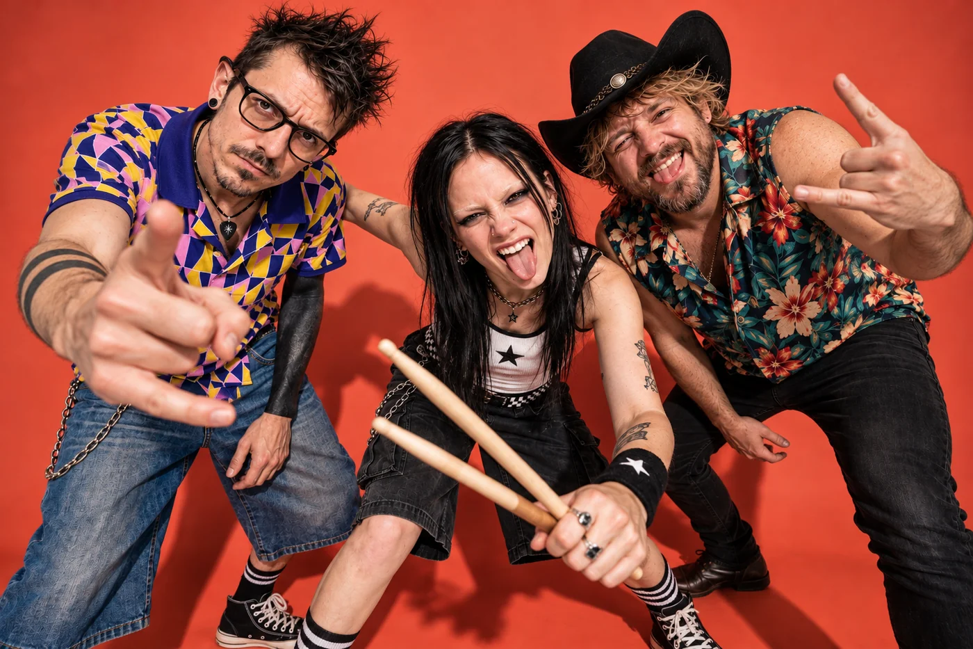 Something Numbers band members Matt, Liv and Billy in a playful group portrait against a coral-red backdrop